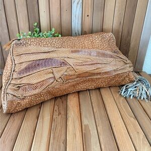 Vintage Leather Patchwork Exotic Boho Embossed Snakeskin Croc Tassel Clutch